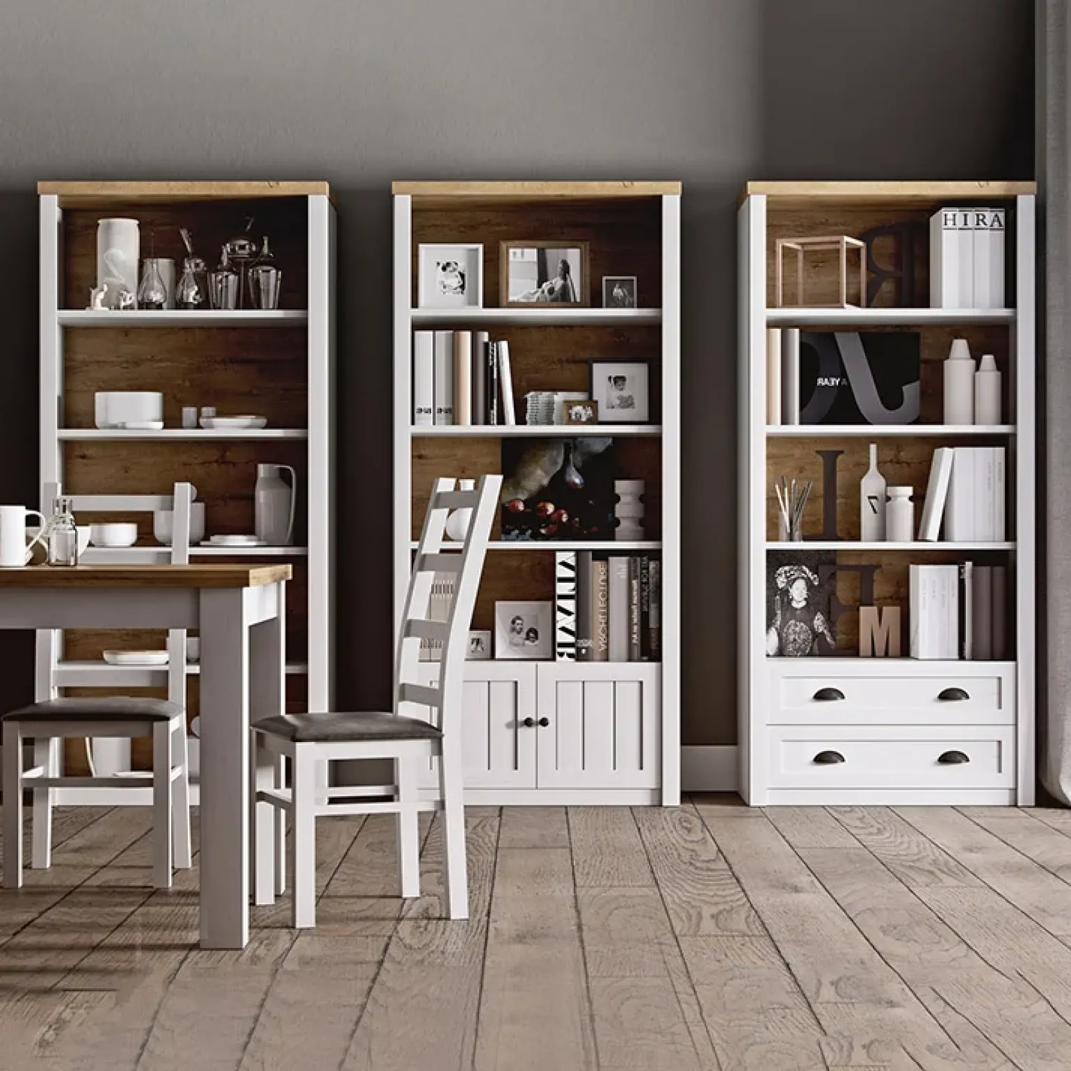 Alzata per credenza 130x111h cm 9 vani con vetrina bianco frassinato rovere Provenza