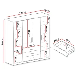 Armadio 196x200h cm 4 ante 3 cassetti con specchio bianco Sottosogno