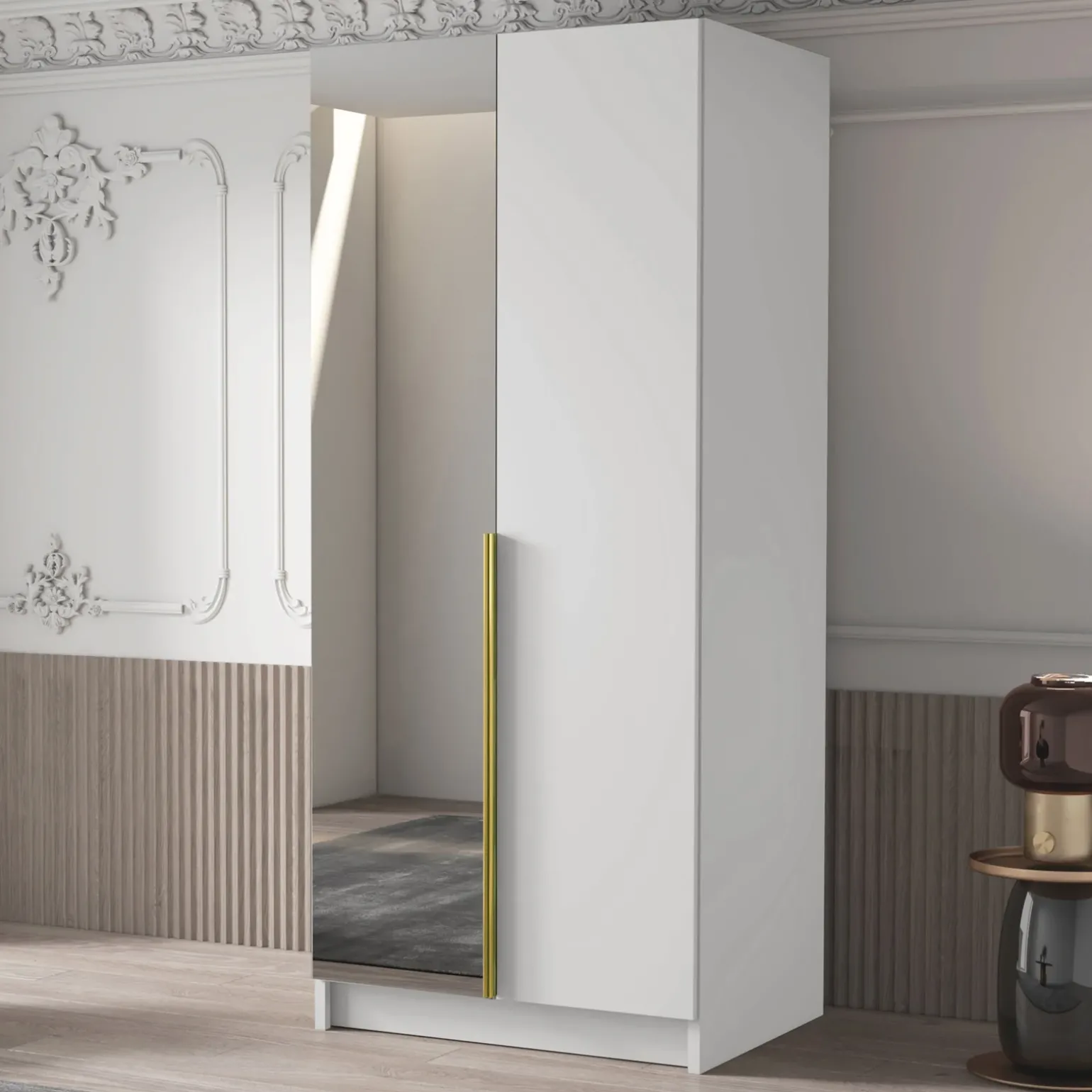 Armadio 100x215h cm 2 ante 1 specchio moderno bianco oro Glammy 2