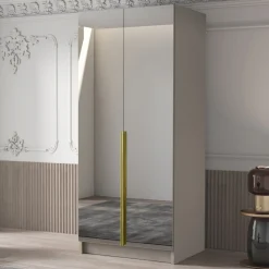 Armadio 100x215h cm 2 ante 2 specchi moderno beige oro Glammy 2