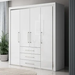 Armadio 199x214h cm 4 ante battenti 3 cassetti moderno bianco Benz