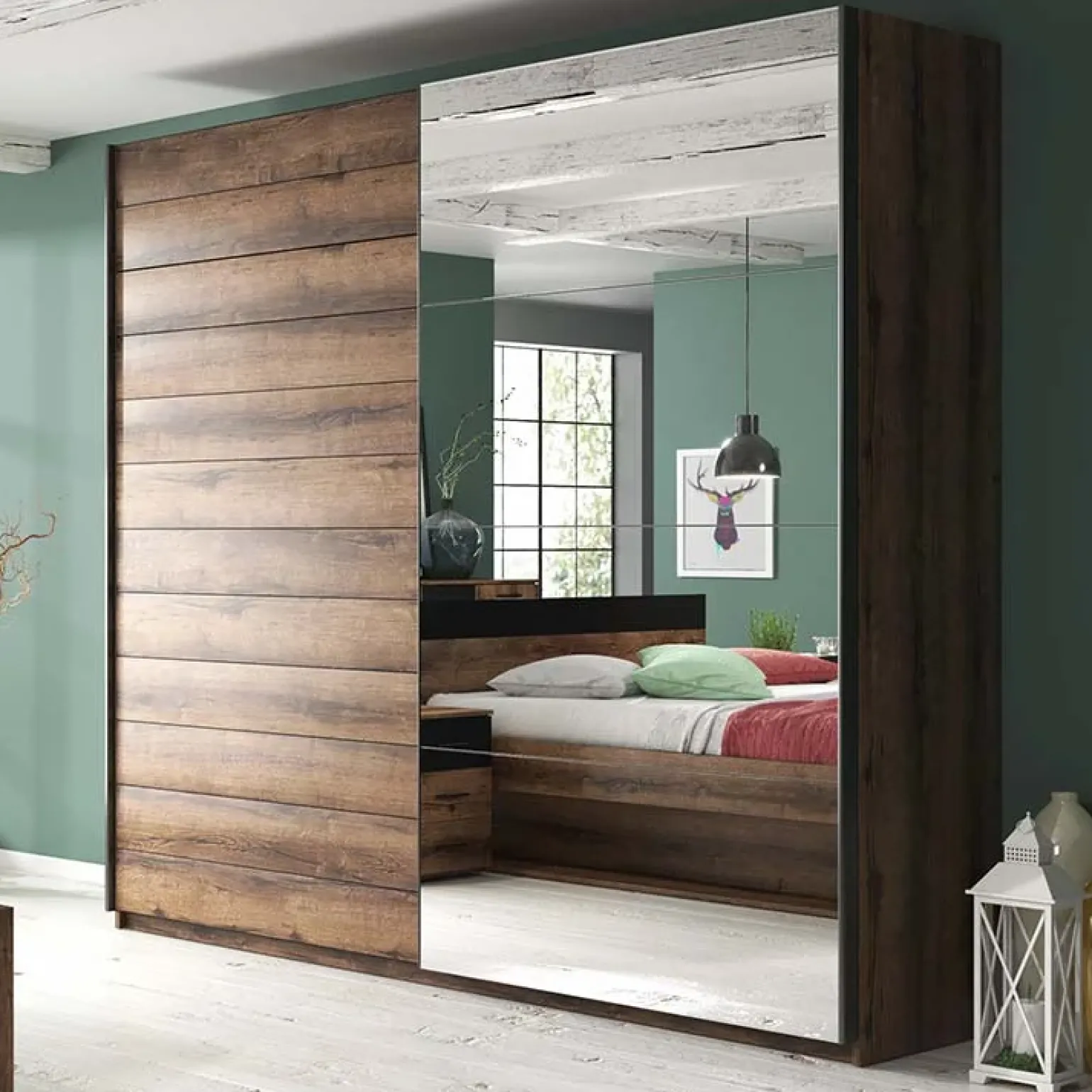 Armadio 200x210h cm 2 ante con specchio rovere scuro Lisbona Gihome®