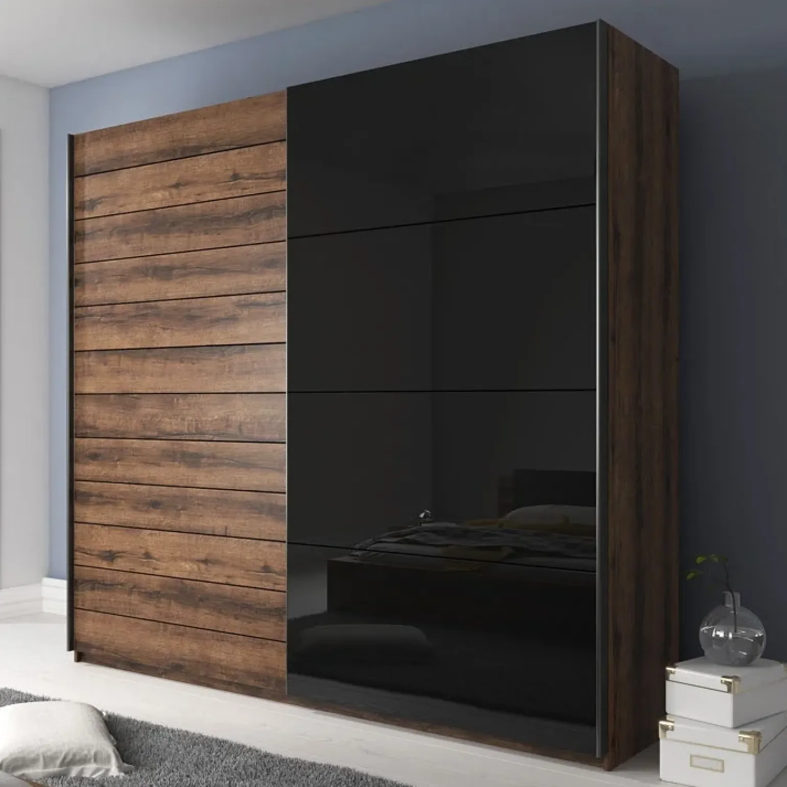 Armadio 220x210h cm 2 ante scorrevoli rovere nero lucido Cortina Gihome®