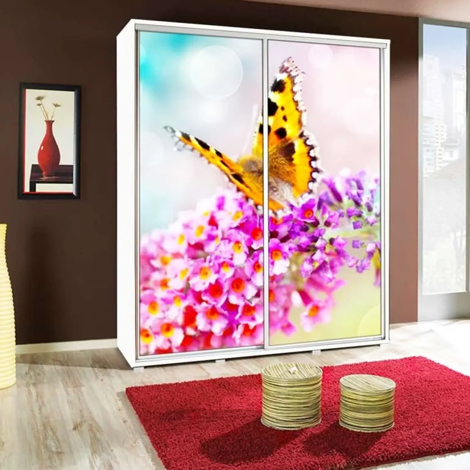 Armadio 155x215h cm 2 ante scorrevoli moderno stampa farfalla Eliot