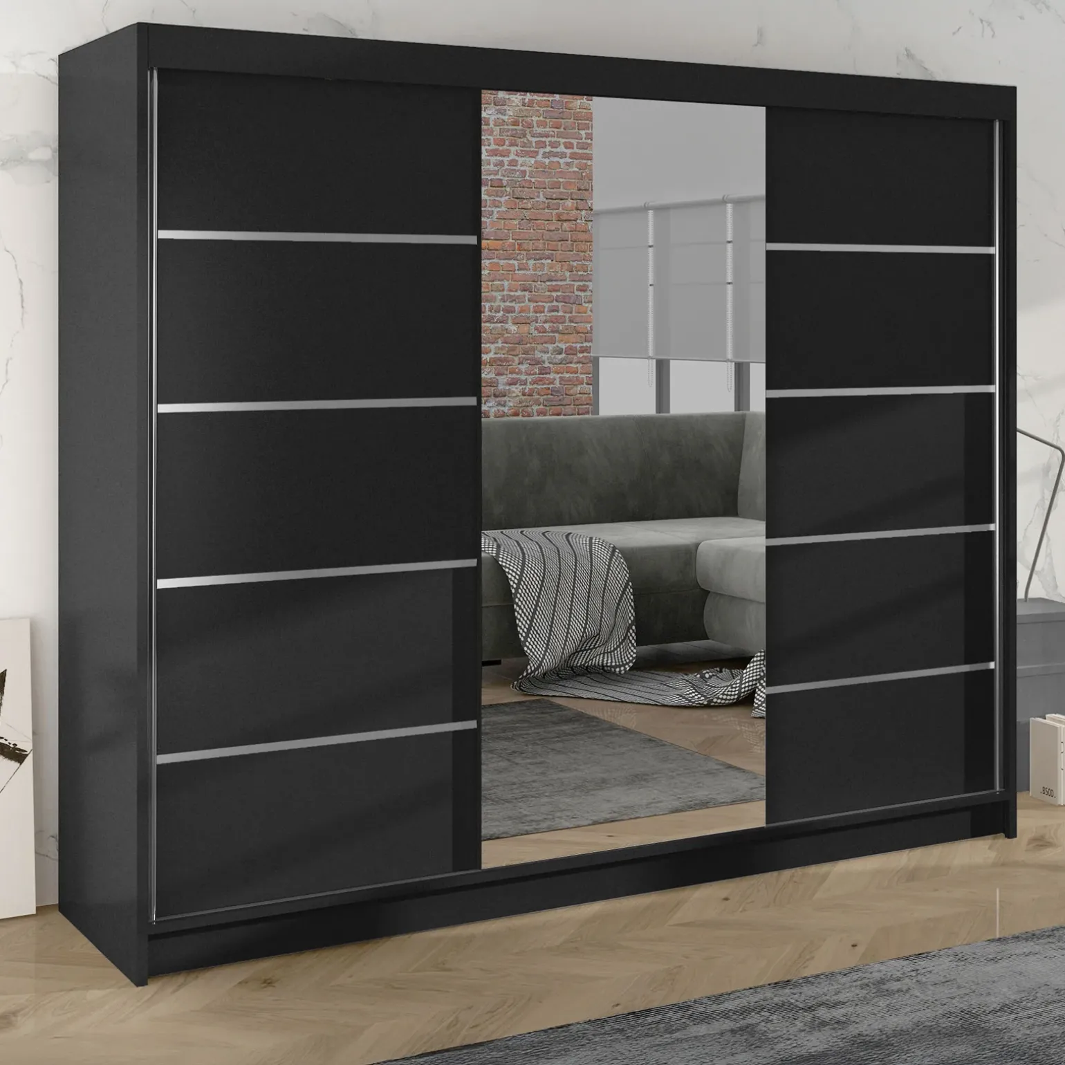Armadio 200x215h cm 2 ante scorrevoli con specchio nero opaco Silven