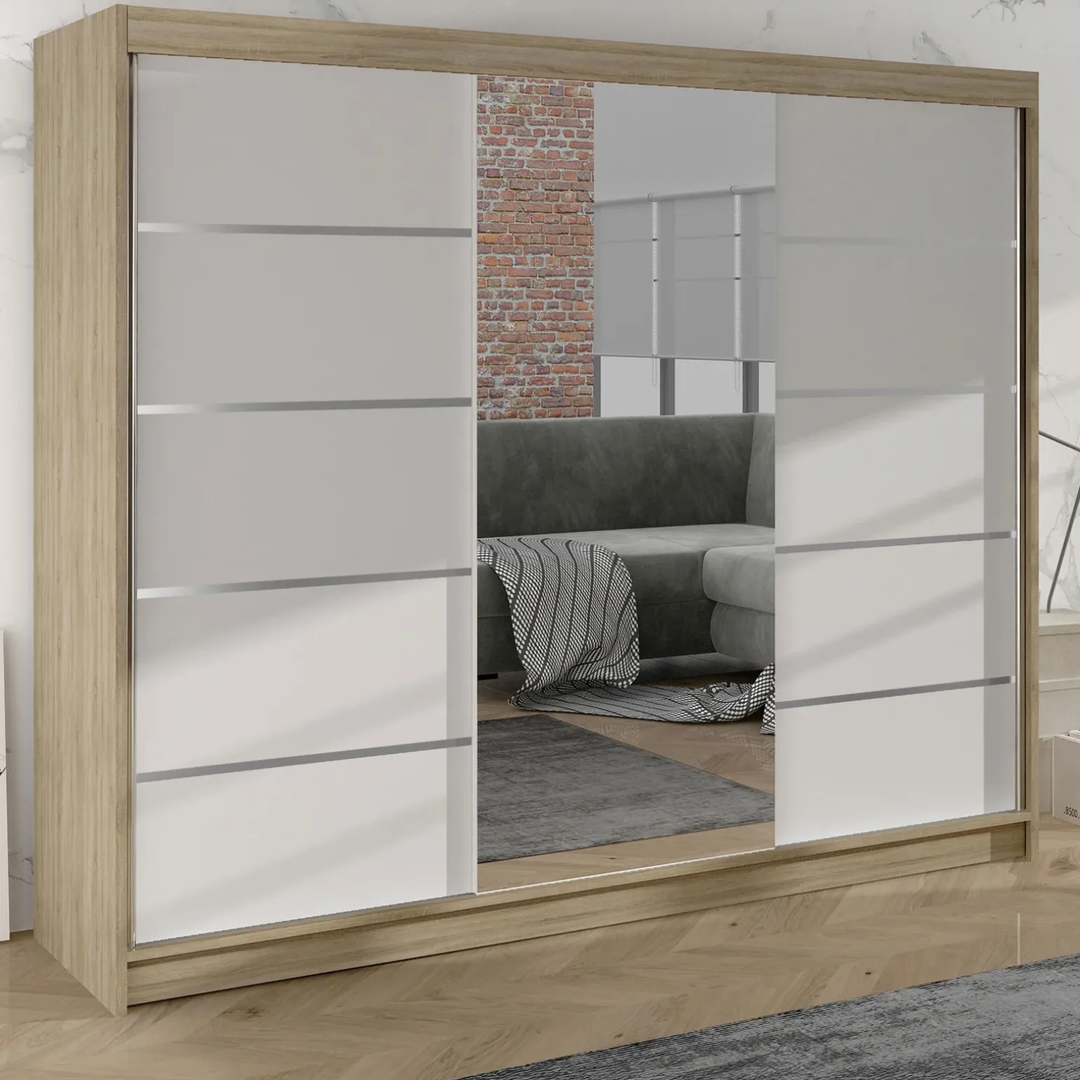 Armadio 200x215h cm 2 ante scorrevoli con specchio rovere sonoma bianco opaco Silven