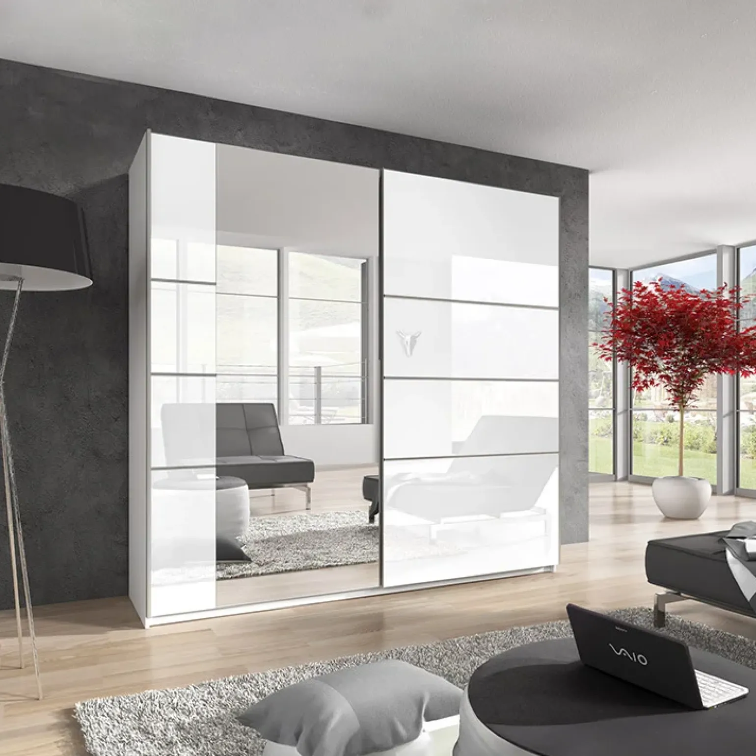 Armadio 180x210h cm 2 ante scorrevoli con specchio bianco lucido Marcus Gihome®
