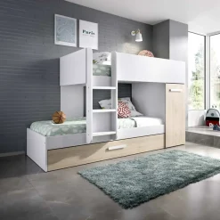 Cameretta bambini 244x150cm 3 letti soppalco reversibile rovere bianco Damian