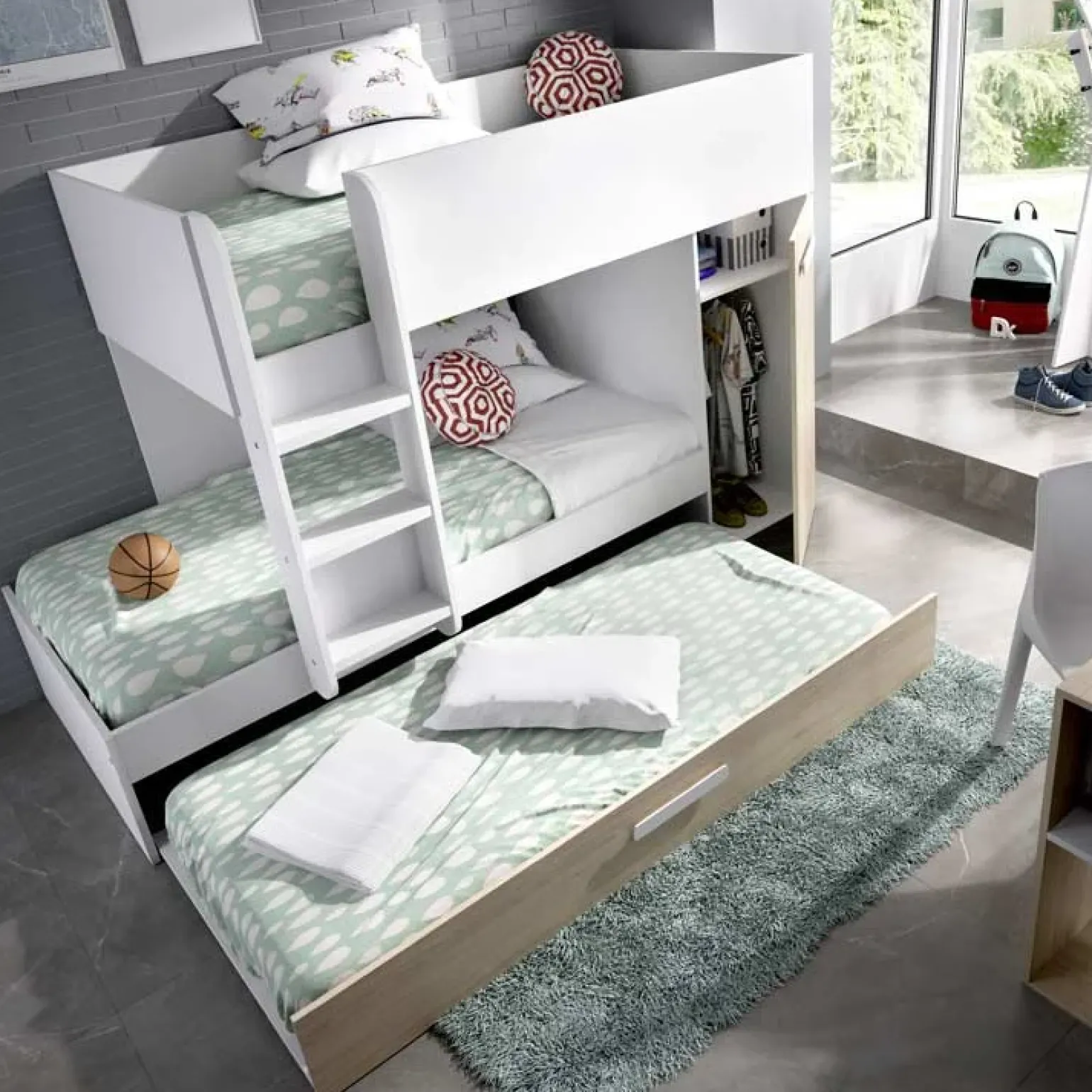 Cameretta bambini 244x150cm 3 letti soppalco reversibile rovere bianco Damian