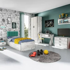 Cameretta per bambini 1 letto singolo contenitore bianco rustico turchese Zadar
