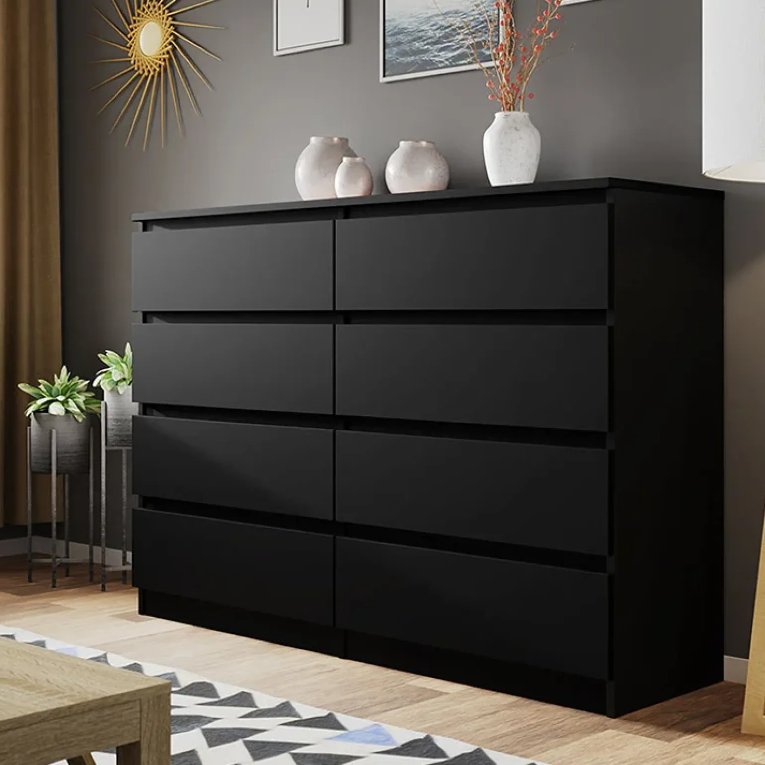 Cassettiera 139x100h cm 8 cassetti moderna nero Rotterdam