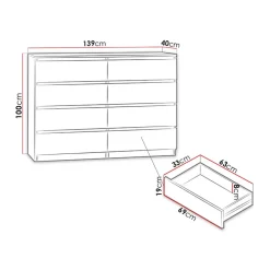 Cassettiera 139x100h cm 8 cassetti moderna rovere Rotterdam