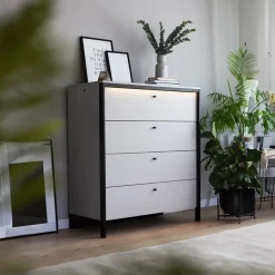 Cassettiera 101x115h cm 4 cassetti con LED grigio nero Luna