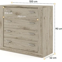 Cassettiera 100x90h cm 4 cassetti rovere rustico Ombra