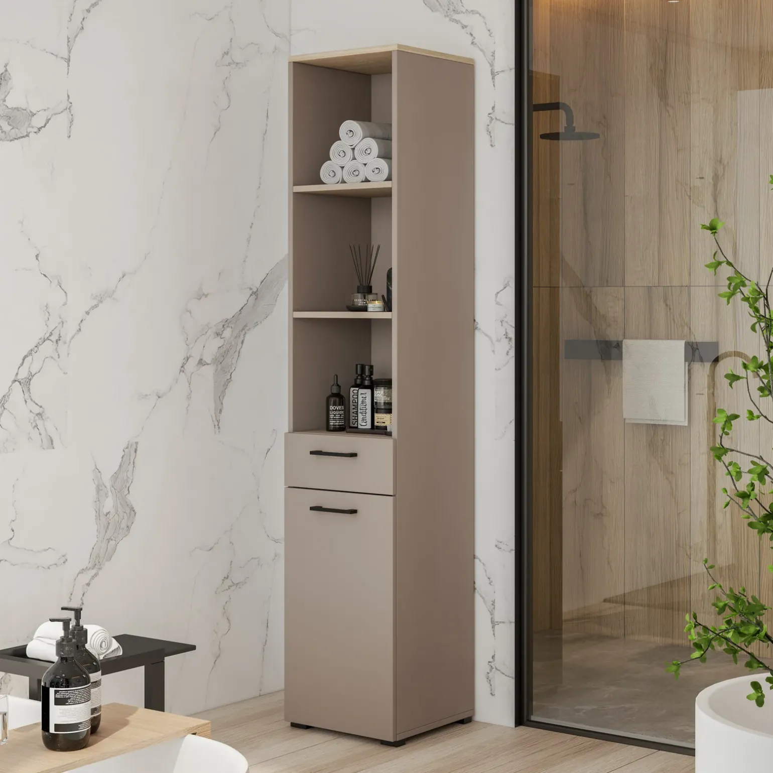 Colonna bagno 40x197h cm 1 anta 1 cassetto beige Wave