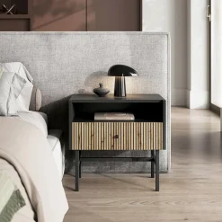 Comodino con 1 cassetto 55x52h cm moderno nero rovere cannettato Iulia