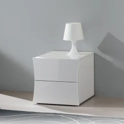 Comodino 50x40h cm 2 cassetti moderno bianco lucido Neve