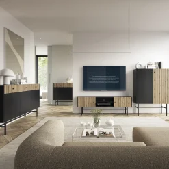 Credenza alta 94x132h cm 2 ante moderna nero rovere cannettato Eterna
