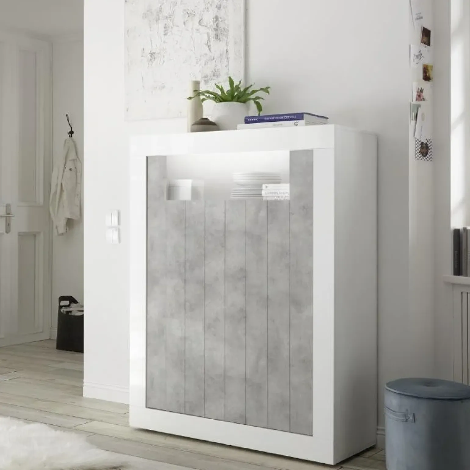 Credenza alta 110x144h cm 2 ante bianco lucido cemento Florena