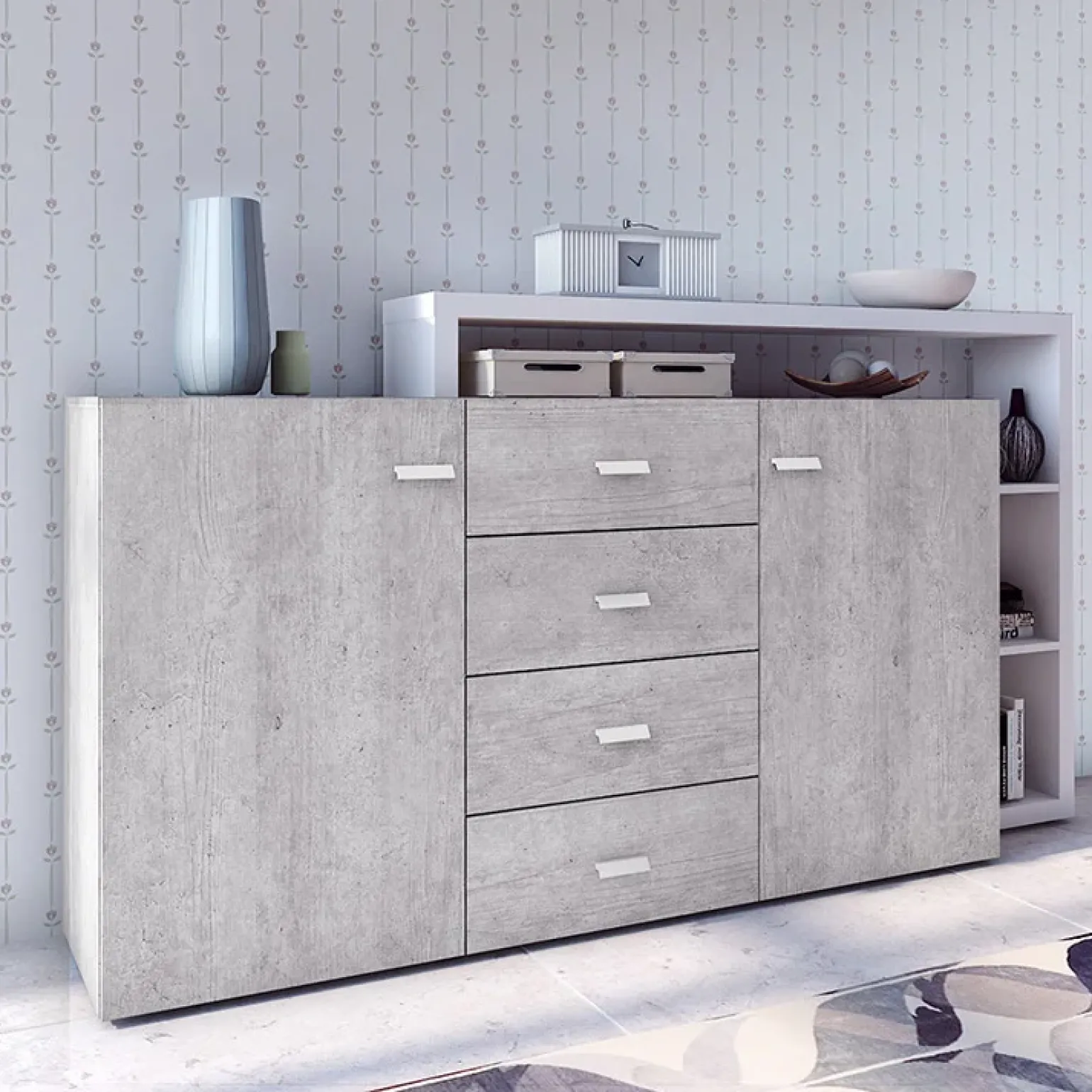 Credenza 180x98h cm 2 ante 4 cassetti moderna bianco cemento Megan Gihome®