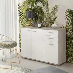 Credenza 103x74h cm 3 ante 2 cassetti moderna  rovere bianco Ajed