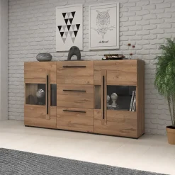 Credenza 180x103h cm 2 ante 3 cassetti  con vetrinetta moderna rovere nero Maiorca
