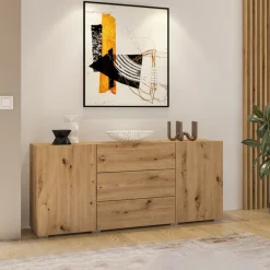 Credenza 140x63h cm 2 ante 3 cassetti moderna rovere opaco Fusion