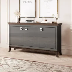 Credenza 160x92h cm 3 ante moderna antracite lucido rovere scuro Umag