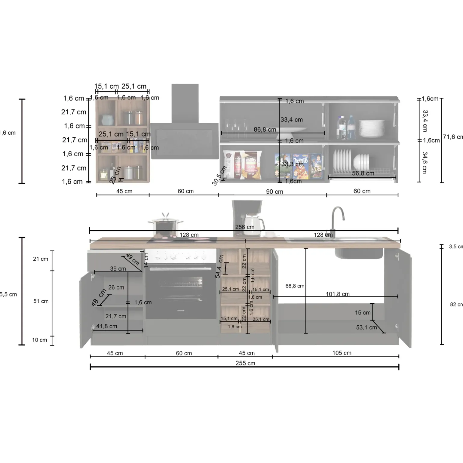 Cucina 255cm componibile lineare moderna antracite grigio pietra Gourmet Prestige