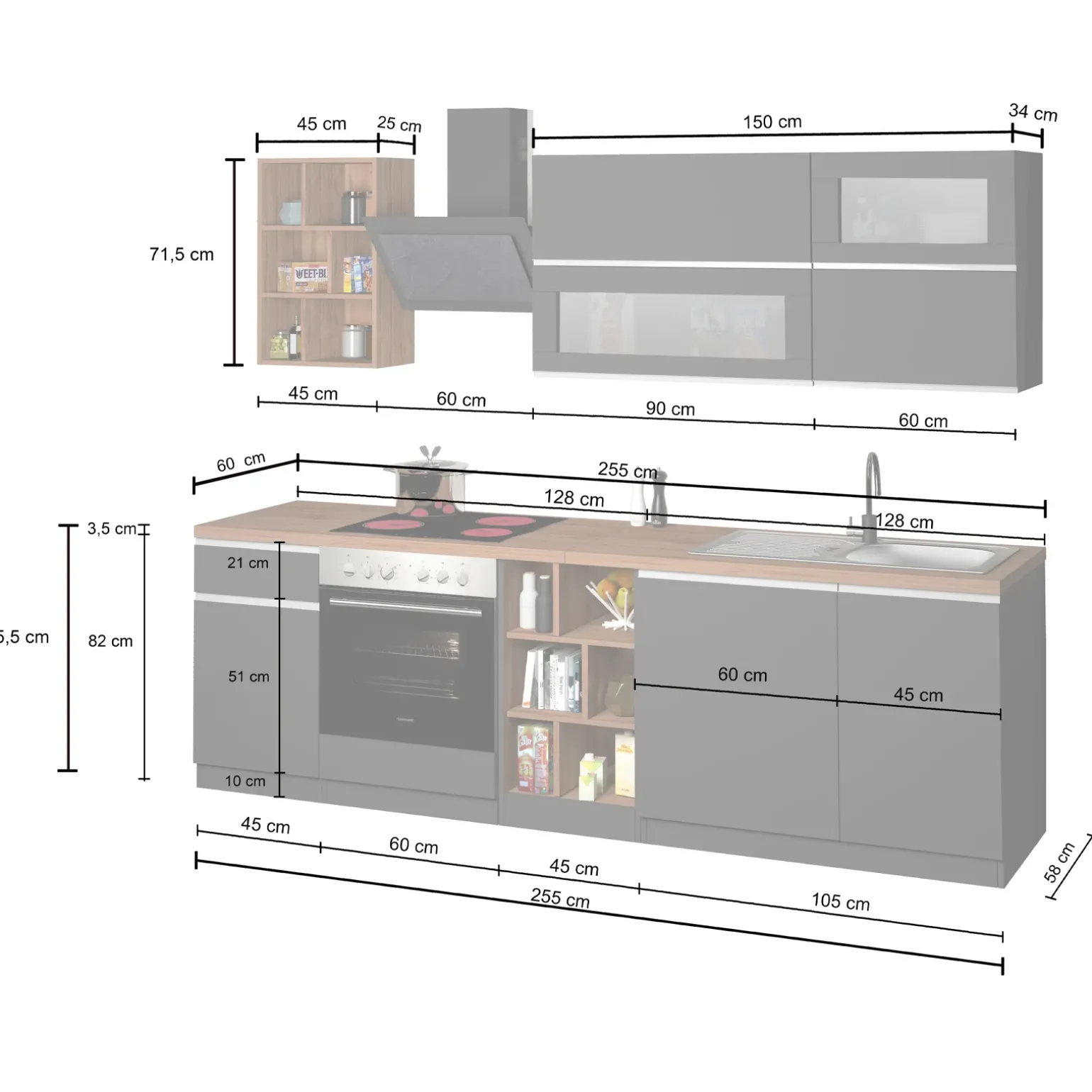 Cucina 255cm componibile lineare moderna bianco grigio pietra Gourmet Prestige