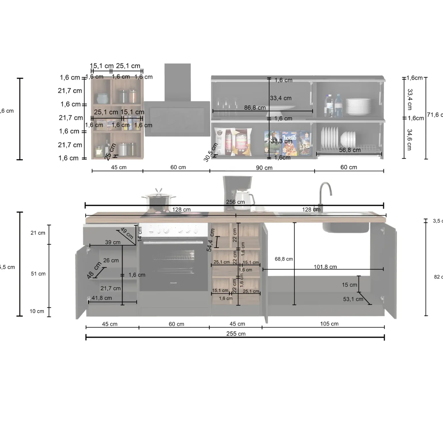 Cucina 255cm componibile lineare moderna bianco grigio pietra Gourmet Prestige