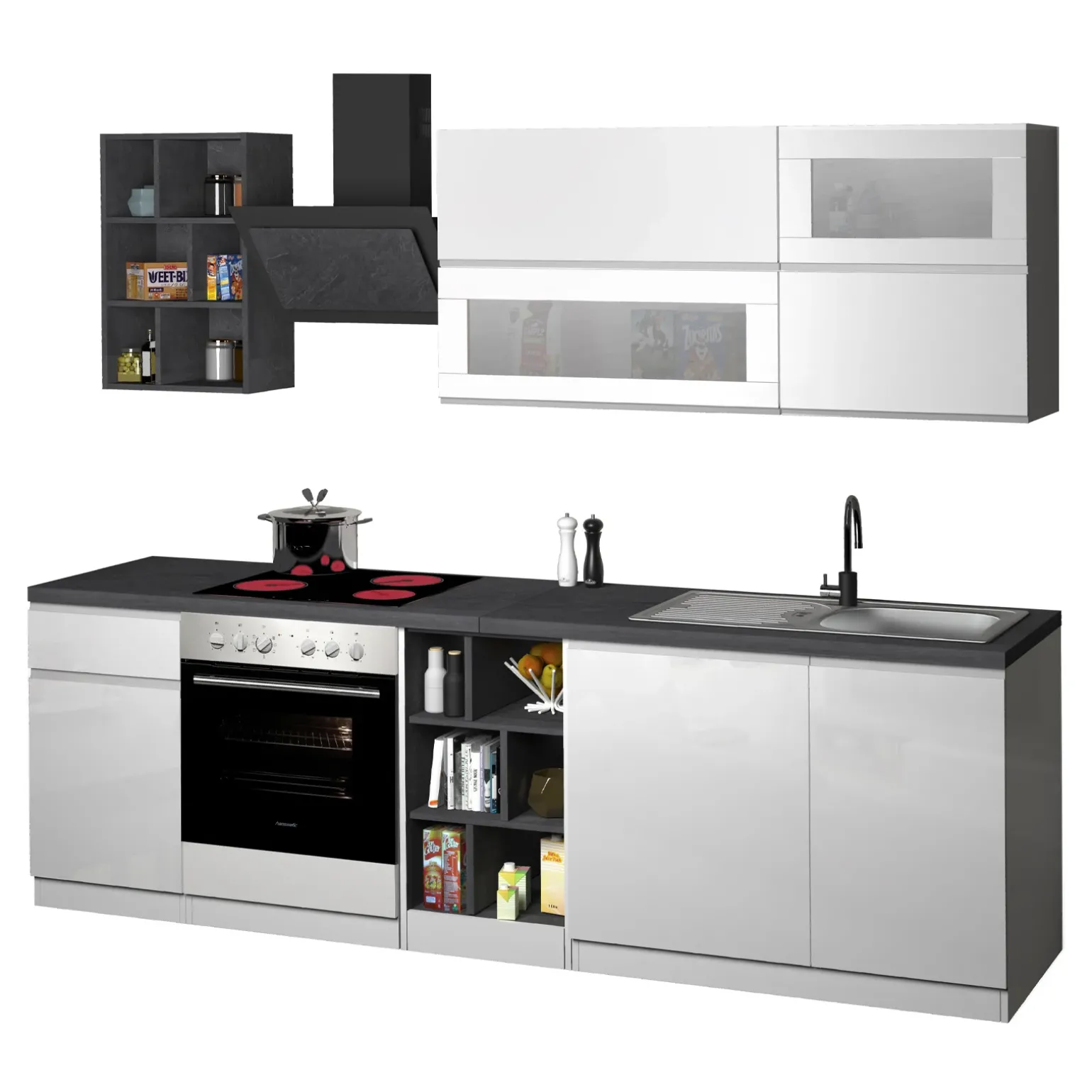 Cucina 255cm componibile lineare moderna bianco grigio pietra Gourmet Prestige