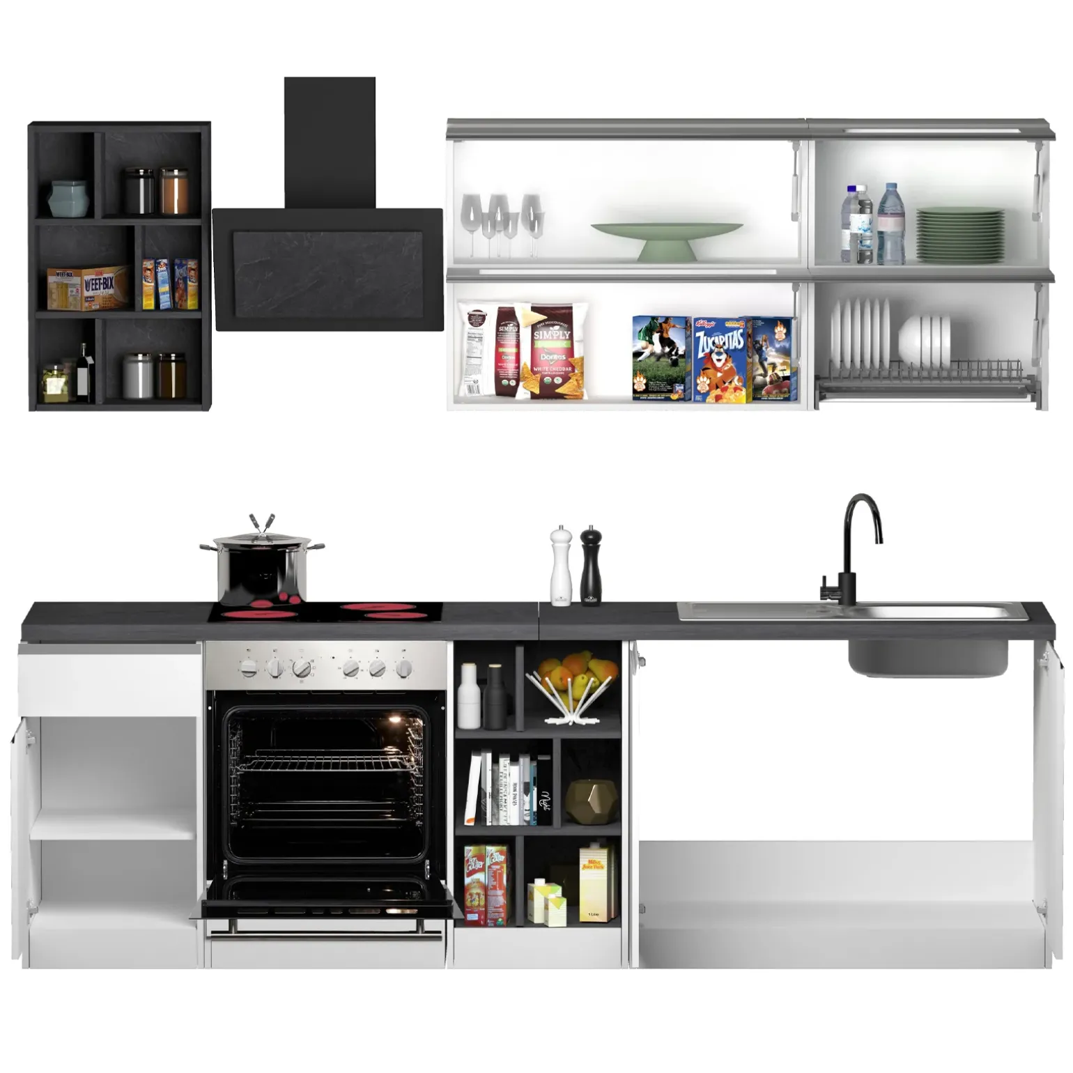 Cucina 255cm componibile lineare moderna bianco grigio pietra Gourmet Prestige