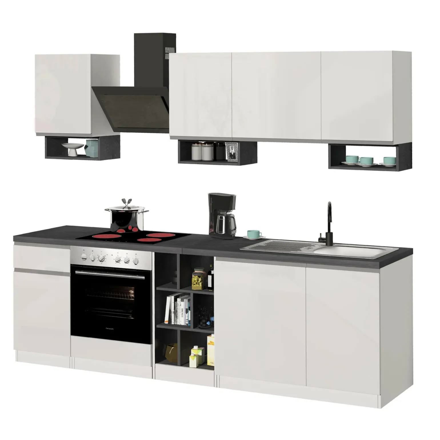 Cucina 255cm componibile lineare moderna bianco grigio pietra Gourmet Elegance