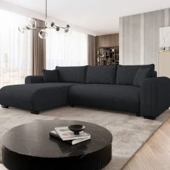 Divano letto angolare 4 posti 285x188cm con contenitore tessuto velluto a coste nero Soft