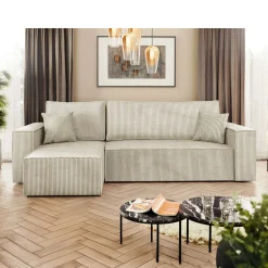 Divano letto angolare 3 posti 244x145cm con box contenitore velluto a coste beige Ploffy