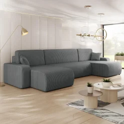 Divano letto angolare 5 posti 312x145cm con contenitore a coste antracite Slurp