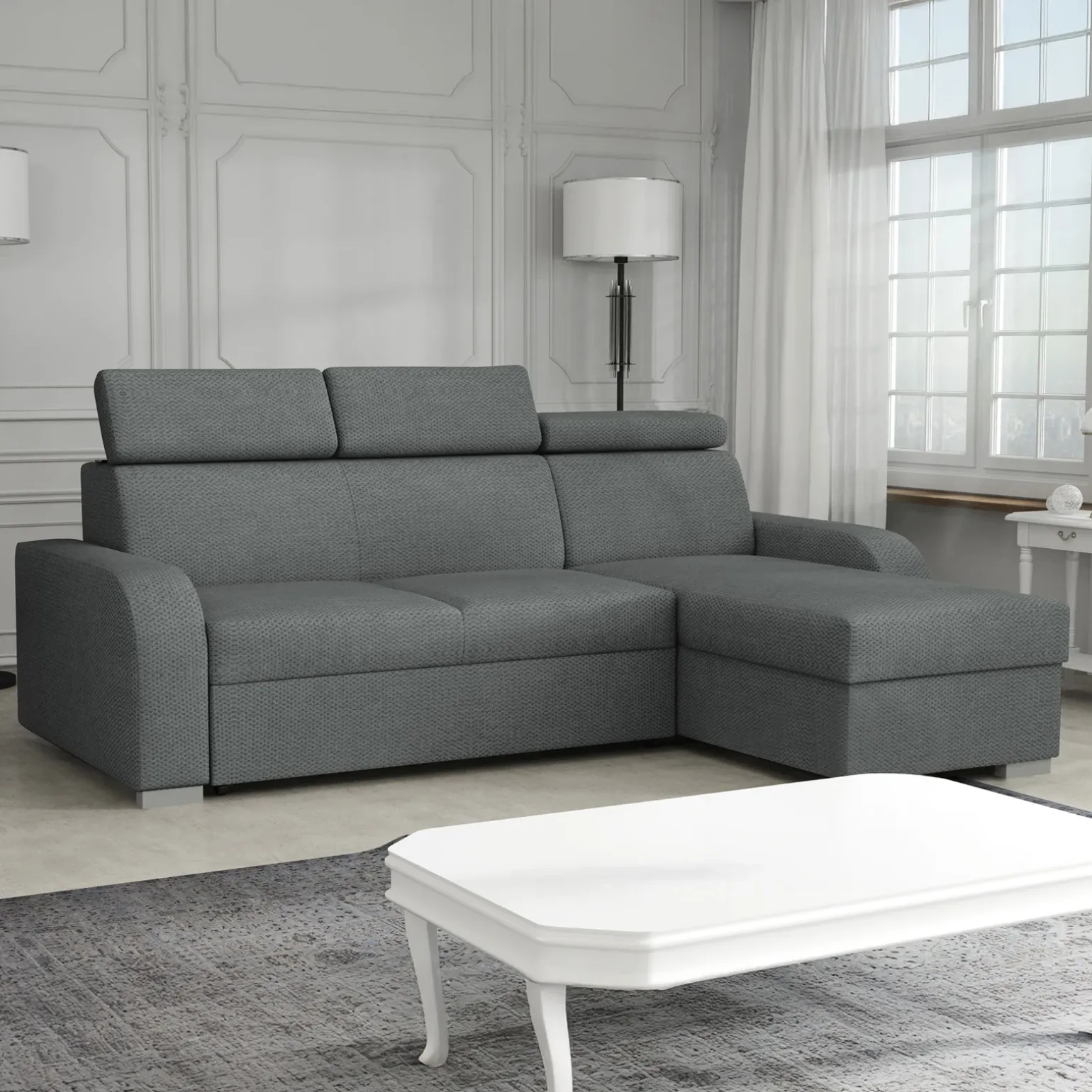 Divano letto angolare 3 posti 235x170cm con box contenitore grigio Tebro