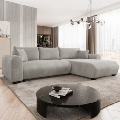 Divano letto angolare 4 posti 285x188cm con contenitore imbottito tessuto grigio Soft