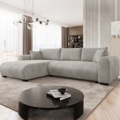 Divano letto angolare 4 posti 285x188cm con contenitore imbottito tessuto grigio Soft