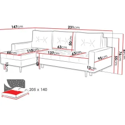 Divano letto angolare 3 posti 231x147cm con box contenitore grigio Venezia