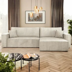 Divano letto angolare 4 posti 272x145cm con box contenitore velluto a coste beige Ploffy