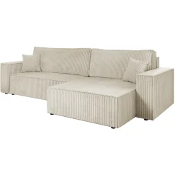 Divano letto angolare 4 posti 272x145cm con box contenitore velluto a coste beige Ploffy