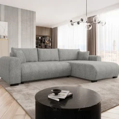 Divano letto angolare 4 posti 285x188cm con contenitore tessuto bouclé grigio chiaro Soft