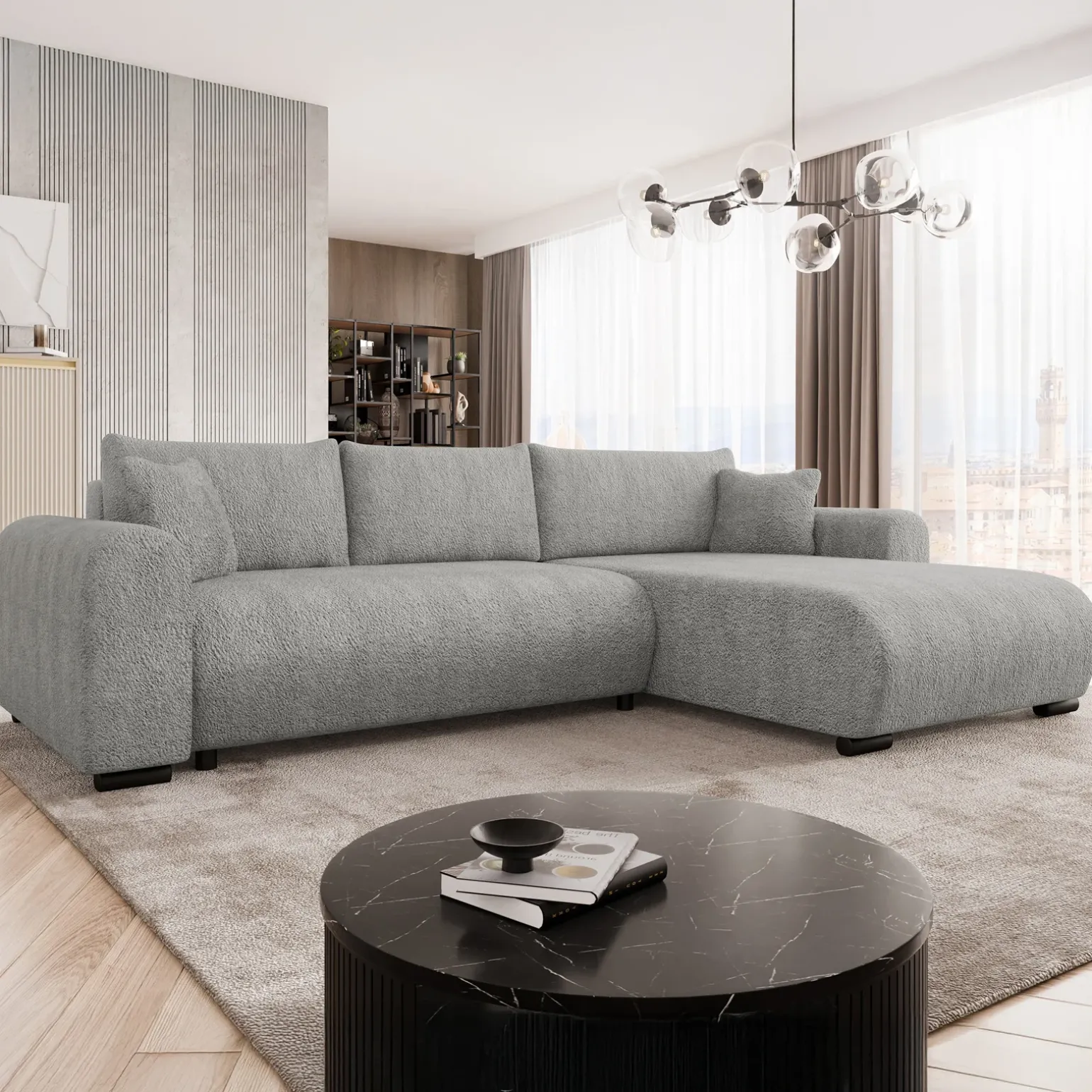 Divano letto angolare 4 posti 285x188cm con contenitore tessuto bouclé grigio chiaro Soft