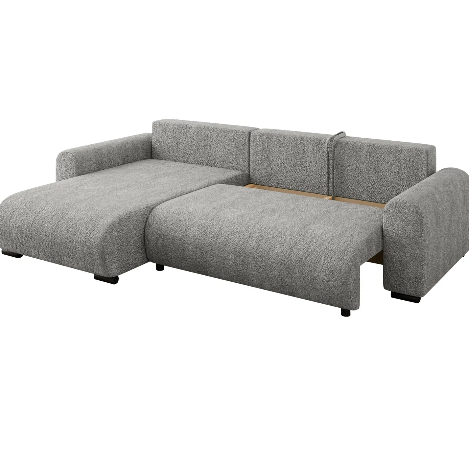 Divano letto angolare 4 posti 285x188cm con contenitore tessuto bouclé grigio chiaro Soft