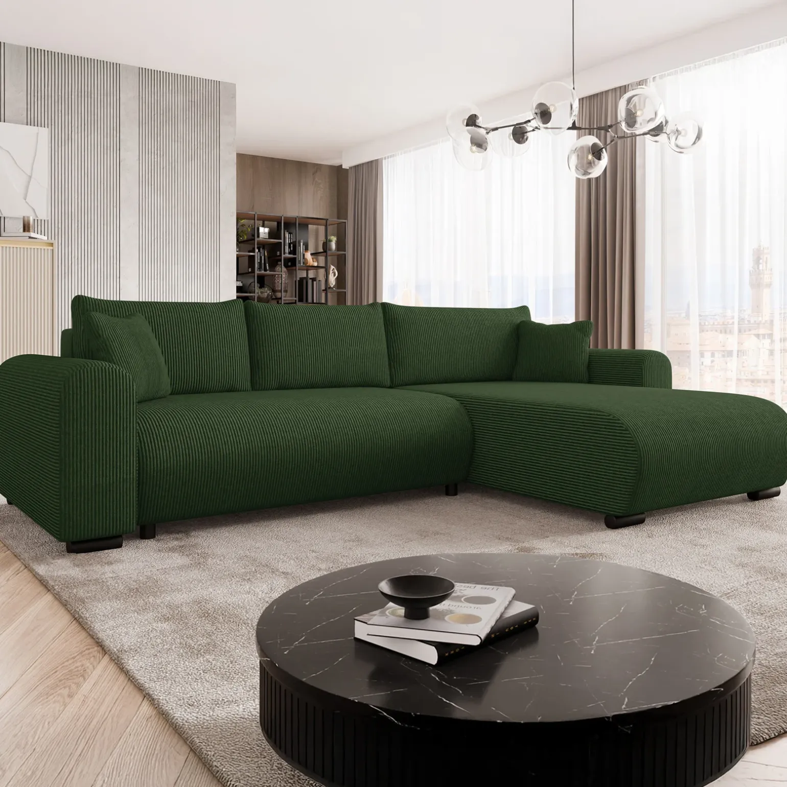 Divano letto angolare 4 posti 285x188cm con contenitore tessuto velluto a coste verde Soft
