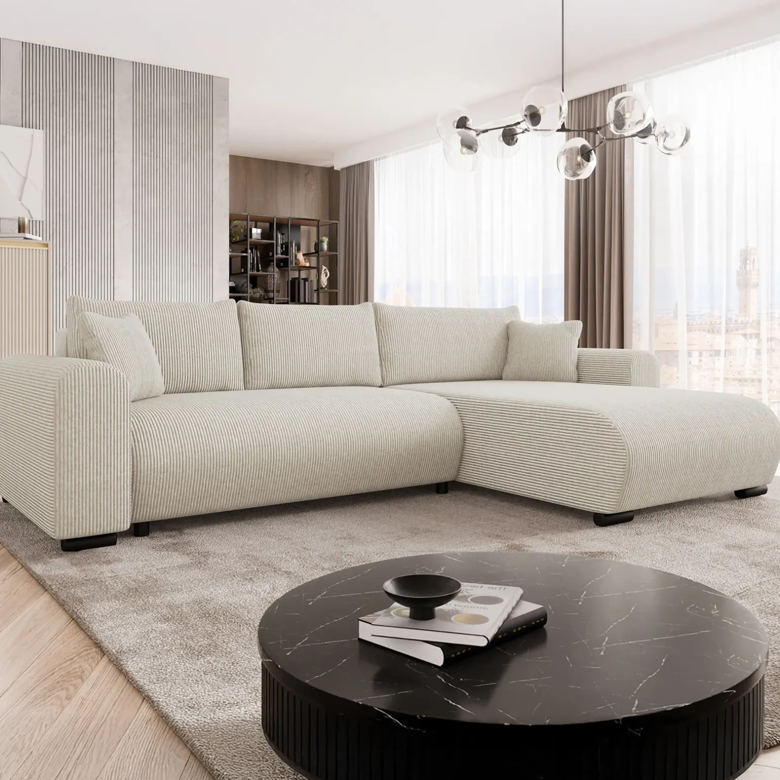Divano letto angolare 4 posti 285x188cm con contenitore tessuto velluto a coste beige Soft