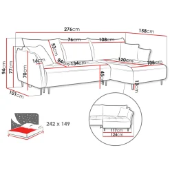 Divano letto angolare destro 3 posti 276x158cm tessuto grigio Angle