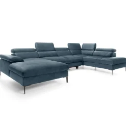 Divano letto regolabile angolare destro 5 posti 353x214cm tessuto azzurro Calmora